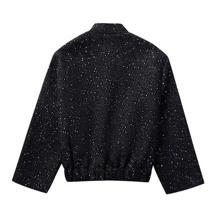 Nlzgmsj Women Shiny Sequin Jacket Y2k Gold Color Stand Collar Long Sleeve Short Coat Autumn Winter Ladies High Streetwear