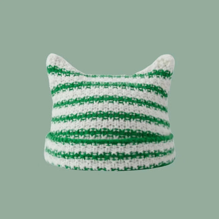 New Japanese Streetwear Harajuku Beanie Little Devil Striped Knitted Hat Women Girls Autumn Winter Cute Cat Ears Cap