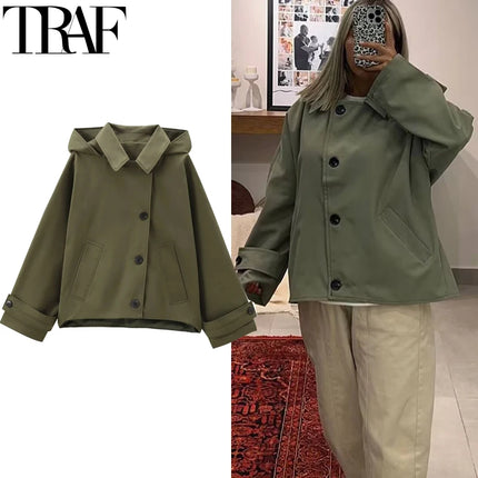 TRAF Female Windbreaker Outerwears Hood Cropped Jacket Women Solid Trench Coat Autumn Long Sleeve Demi-Season Casual Coats