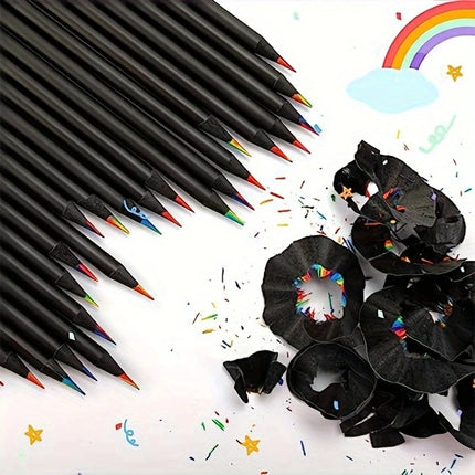 12pcs/mix 7 Colors In 1 Rainbow Wooden Pencils,Black Wood Colored Concentric Crayons Art School Supplies For Classroom,Painting
