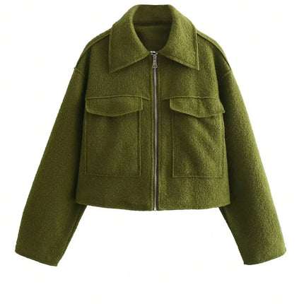 TRAFZA Women Elegant Solid Jacket Front Pocket Long Sleeve Zipper Jackets Coat For Woman Fashion Autumn Casual Outerwear