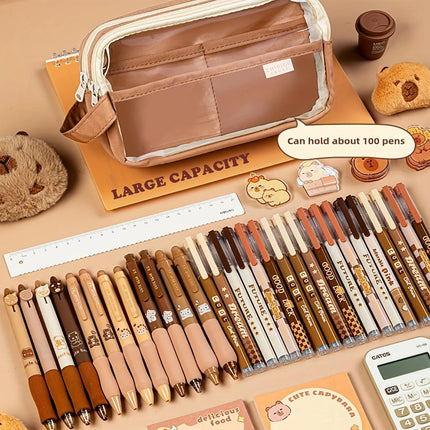 Cute Capybara Pencil Case with Lock - Aesthetic Kawaii Canvas Pouch, Clear School Supplies Organizer with Compartments, Includes