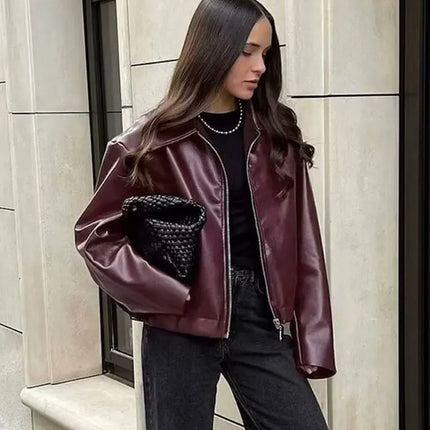 TRAFZA Wine Red Faux Leather Jakcet Fashion Outerwear Thicken Zipper Lapel Pu Coats Autumn Winter Streetwear Ladies Tops Women
