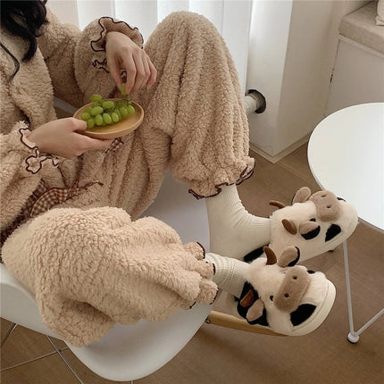 New Winter Unisex Cartoon Cow Warm Plush Slippers Couple's Indoor Non-slip House Slides Men And Women Toe Wrap Home Cotton Shoes