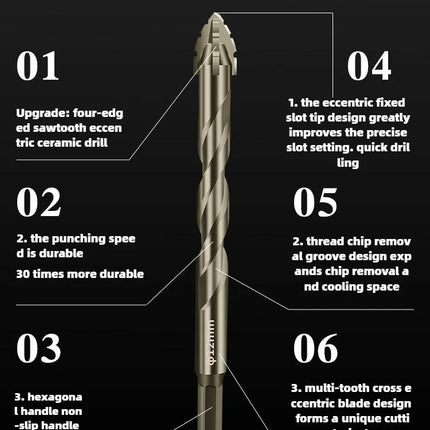 High-Four-edged serrated eccentric drill for dry drilling of ceramic tiles, glass, marble, concrete, stainless steel drill bits