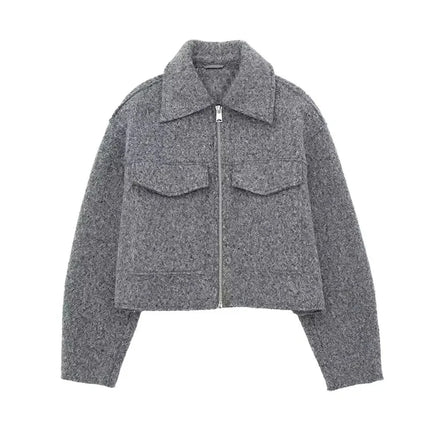 TRAFZA Women Elegant Solid Jacket Front Pocket Long Sleeve Zipper Jackets Coat For Woman Fashion Autumn Casual Outerwear