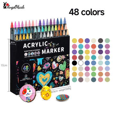 AngelMark Acrylic Marker Pen Double Headed Waterproof Art Painting Supplies School Stationary Graffiti Drawing12-72Colors