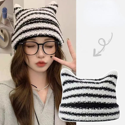 New Japanese Streetwear Harajuku Beanie Little Devil Striped Knitted Hat Women Girls Autumn Winter Cute Cat Ears Cap