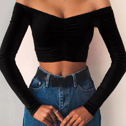 Women T-shirts sexy and club fashion female T-shirt long sleeve off shoulder solid color lady Tshirt autumn basic tees