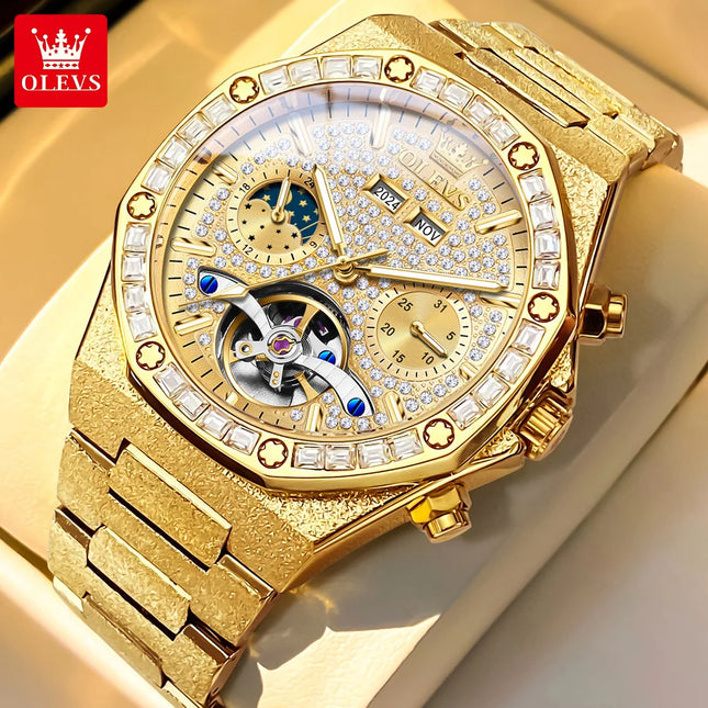 OLEVS 9805 High end Men Watches  Waterproof Moon Phase Diamond Dial Fashion Luxury Mechanical Watch Skeleton Original Wristwatch