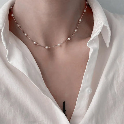 Simple Pearl Beads Chic Exquisite Necklace Gold Color Thin Chain Minimalist Charm Collar Jewelry Women
