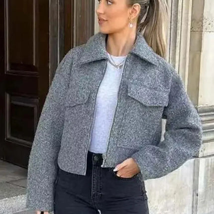 TRAFZA Women Elegant Solid Jacket Front Pocket Long Sleeve Zipper Jackets Coat For Woman Fashion Autumn Casual Outerwear