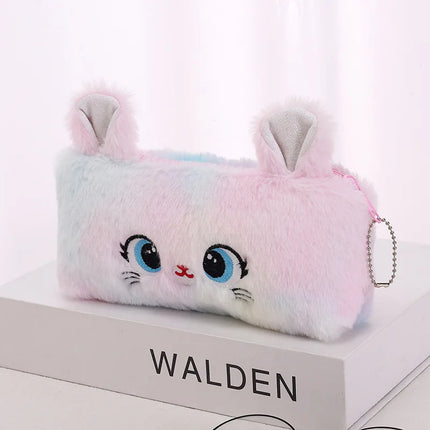 Kawaii Cat Plush Pouch Pencil Case Cute Zipper Fluffy Large Capacity Pencil Bag School Stationery Storage Bag Supplies