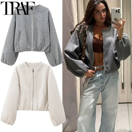 TRAF Outerwears Cropped Bomber Jacket Women Autumn Long Sleeve Faux Wool Coats For Woman Winter Zip Up Gray Beige Short Coats