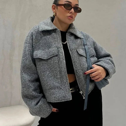 TRAFZA Women Elegant Solid Jacket Front Pocket Long Sleeve Zipper Jackets Coat For Woman Fashion Autumn Casual Outerwear