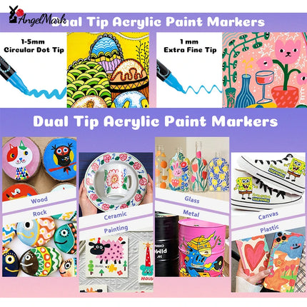 AngelMark Acrylic Marker Pen Double Headed Waterproof Art Painting Supplies School Stationary Graffiti Drawing12-72Colors