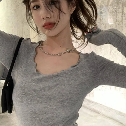 Long Sleeve T-shirts Women Fungus Line Irregular Hem Knitted Slender Autumn Bottoming Tees Chic Fashion Sexy Solid Ulzzang New