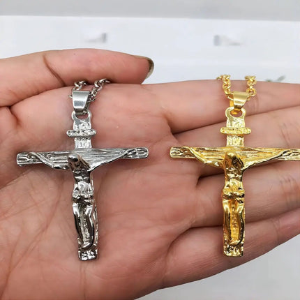 Fashion Crucifix Jesus Christ Men Jewelry Gold Brown Silver Color Metal Cross Pendant With Neck Chain Necklaces For Women