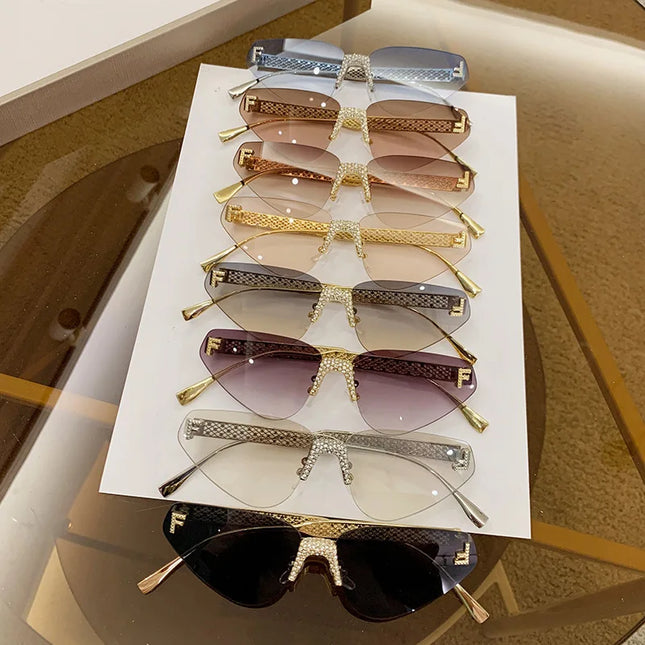 Women's Sexy Cat Eye Rimless Rhinestone Sunglasses Luxury Brand Designer Retro Punk Metal Sunglasses Men's UV400 Driving Glasses