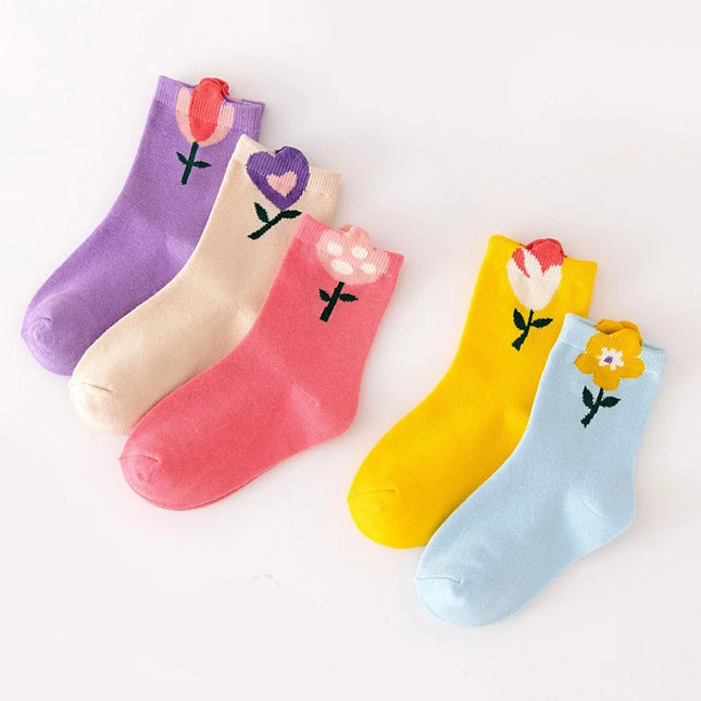 5 Pairs Girls Socks Cute Cartoon Flower Pattern Comfortable Breathable Kids Socks