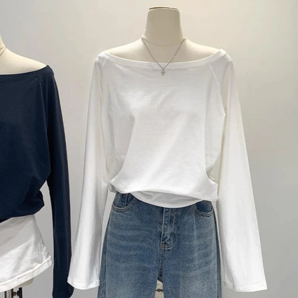 Autumn Winter One Shoulder Cotton Long Sleeve Slant Shoulder Women's Clothing Style Interior Wide Truffle Shoulder Base Shirt