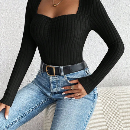 Autumn and winter fashion diamond collar knitted bottom shirt, women's casual long-sleeved tops, knitted long-sleeved T-shirt