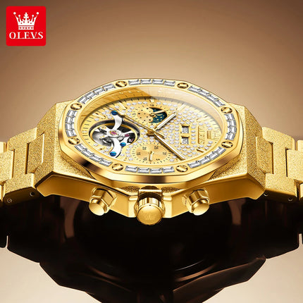 OLEVS 9805 High end Men Watches  Waterproof Moon Phase Diamond Dial Fashion Luxury Mechanical Watch Skeleton Original Wristwatch