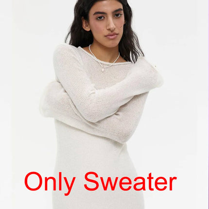 Hirsionsan Spring Autumn O-Neck Elastic Knit Long Dresses Women 2024 Elegant Chic Soft Lady Hollowing Sweater Dresses Femme New