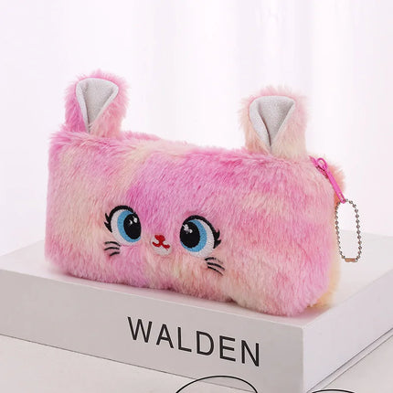 Kawaii Cat Plush Pouch Pencil Case Cute Zipper Fluffy Large Capacity Pencil Bag School Stationery Storage Bag Supplies