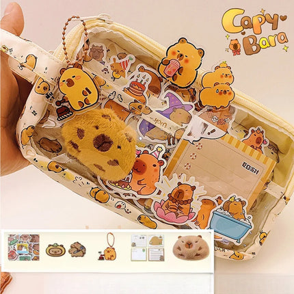 Cute Capybara Pencil Case with Lock - Aesthetic Kawaii Canvas Pouch, Clear School Supplies Organizer with Compartments, Includes
