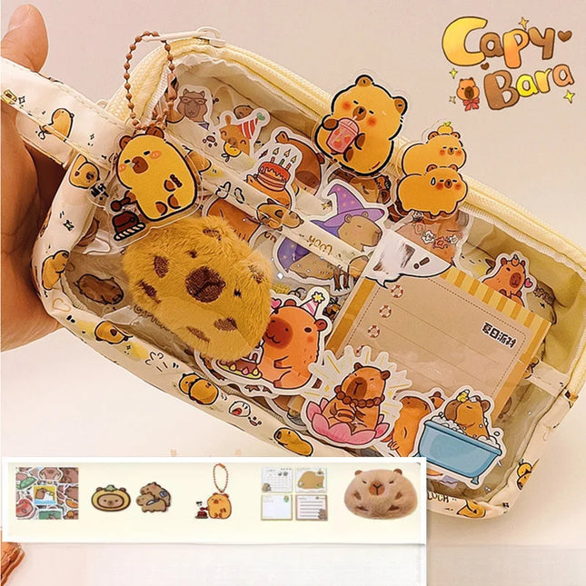Cute Capybara Pencil Case with Lock - Aesthetic Kawaii Canvas Pouch, Clear School Supplies Organizer with Compartments, Includes