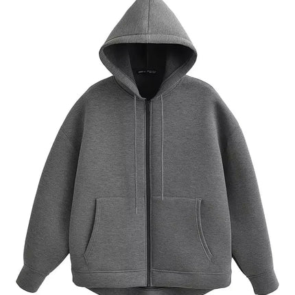 HH Autumn Women Gray Jacket With Hood Long Sleeve Big Pocket Zipper Jacket Coat Woman Loose Casual Outerwear Coat Tops