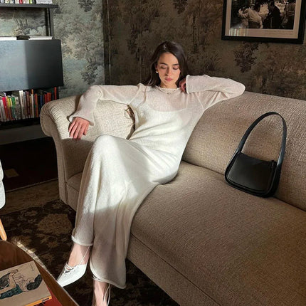 Hirsionsan Spring Autumn O-Neck Elastic Knit Long Dresses Women 2024 Elegant Chic Soft Lady Hollowing Sweater Dresses Femme New