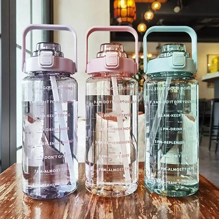 2L Portable Water Bottle with Straw & Time Marker, Large Capacity Plastic Drink Bottle for Outdoor Sports & Fitness