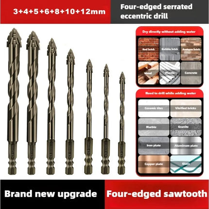 High-Four-edged serrated eccentric drill for dry drilling of ceramic tiles, glass, marble, concrete, stainless steel drill bits