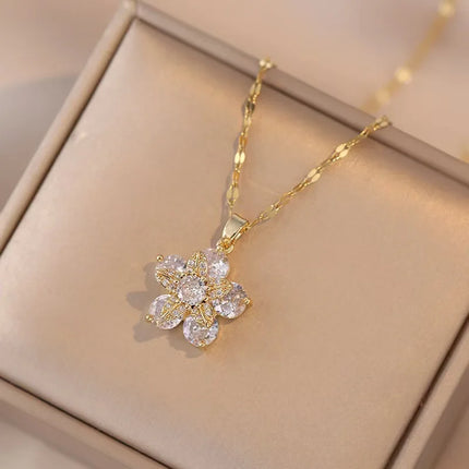 Light Luxury Spin Zircon Flower Pendant Necklace for Women Gold Color Quality High Sense Chain Necklaces Party Jewelry Gifts