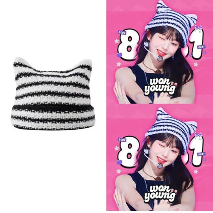 New Japanese Streetwear Harajuku Beanie Little Devil Striped Knitted Hat Women Girls Autumn Winter Cute Cat Ears Cap