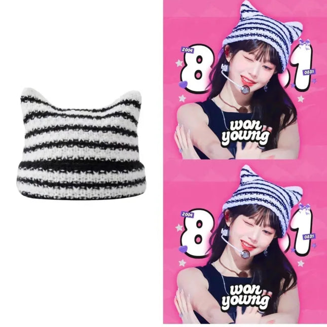 New Japanese Streetwear Harajuku Beanie Little Devil Striped Knitted Hat Women Girls Autumn Winter Cute Cat Ears Cap