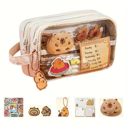 Cute Capybara Pencil Case with Lock - Aesthetic Kawaii Canvas Pouch, Clear School Supplies Organizer with Compartments, Includes