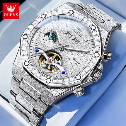 OLEVS 9805 High end Men Watches  Waterproof Moon Phase Diamond Dial Fashion Luxury Mechanical Watch Skeleton Original Wristwatch