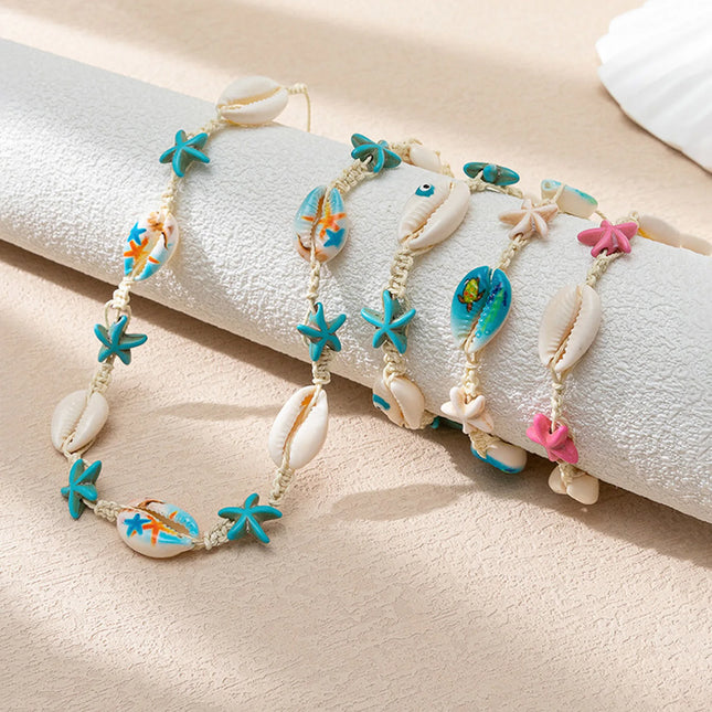 1PC Shell Ocean Jewelry Braided Bracelets White & Blue Star Fish Cross Bracelet Summer Fashion Jewelry for Women Gifts 6cm Dia.