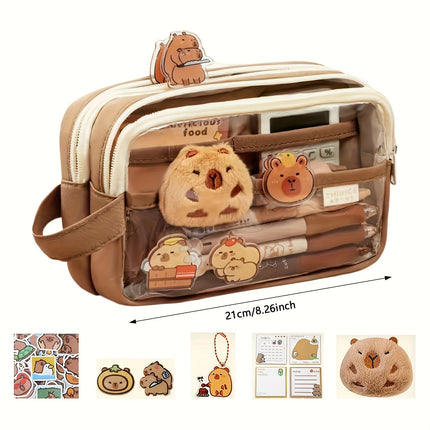 Cute Capybara Pencil Case with Lock - Aesthetic Kawaii Canvas Pouch, Clear School Supplies Organizer with Compartments, Includes