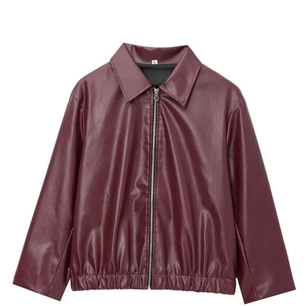 TRAFZA Wine Red Faux Leather Jakcet Fashion Outerwear Thicken Zipper Lapel Pu Coats Autumn Winter Streetwear Ladies Tops Women