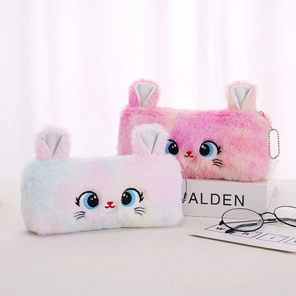 Kawaii Cat Plush Pouch Pencil Case Cute Zipper Fluffy Large Capacity Pencil Bag School Stationery Storage Bag Supplies