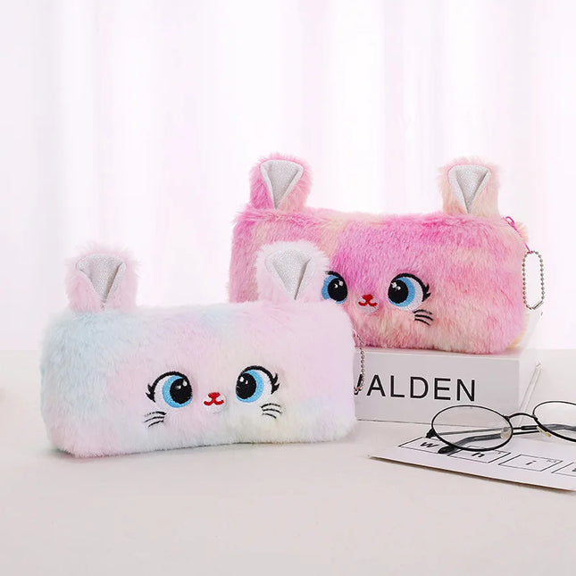 Kawaii Cat Plush Pouch Pencil Case Cute Zipper Fluffy Large Capacity Pencil Bag School Stationery Storage Bag Supplies