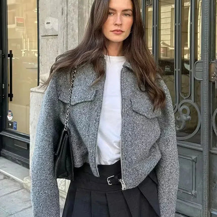 TRAFZA Women Elegant Solid Jacket Front Pocket Long Sleeve Zipper Jackets Coat For Woman Fashion Autumn Casual Outerwear