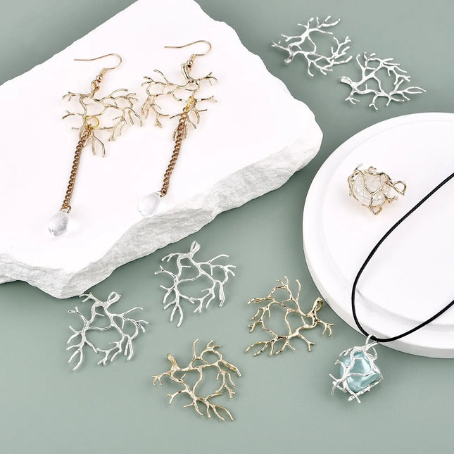 5Pcs Copper Plating Silver 27X31mm Tree Branch Blank Base Necklace Pendants For Cabochon DIY Jewelry Making Accessories