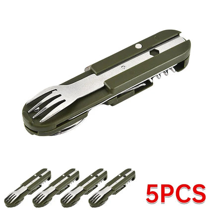 1-10PCS 7-in-1 Multi-functional Outdoor Tableware Stainless Steel Folding Forks Spoons Knives Picnic Camping Hiking Tableware