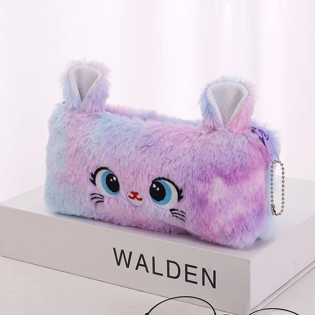 Kawaii Cat Plush Pouch Pencil Case Cute Zipper Fluffy Large Capacity Pencil Bag School Stationery Storage Bag Supplies