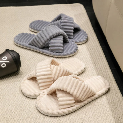 Fashion Corduroy Cross band Open Toe Home Slippers Women Autumn Winter Warm Plush Slides ladies Bedroom Soft Sole Slippers
